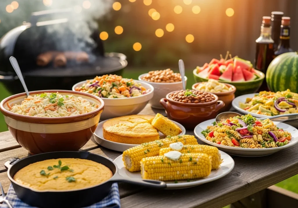 Best cookout side dishes spread on a picnic table including coleslaw, corn, and pasta salad