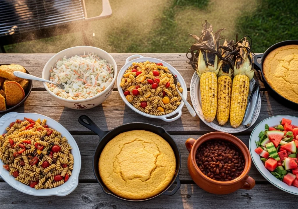 Overhead view of the best cookout side dishes spread on a wooden picnic table including coleslaw, grilled corn, and pasta salad