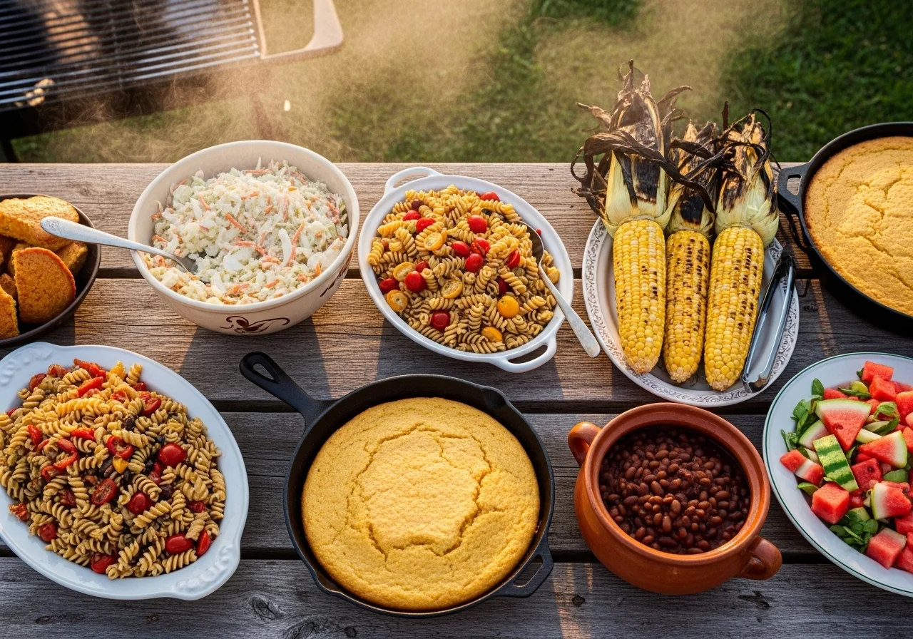 Overhead view of the best cookout side dishes spread on a wooden picnic table including coleslaw, grilled corn, and pasta salad