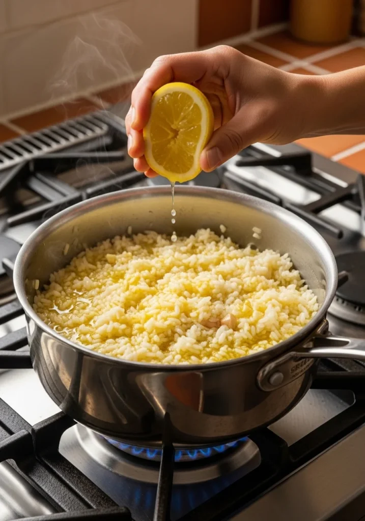 Cooking Greek lemon rice on the stovetop in a saucepan with garlic and lemon juice being added