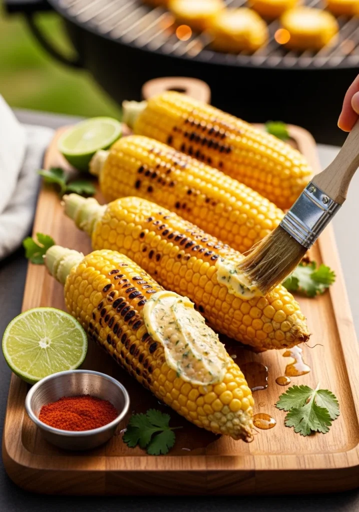 Grilled corn on the cob with char marks and herb butter on a wooden serving board, a summer cookout side dish