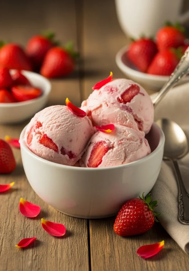 Creamy homemade strawberry ice cream served in a bowl with fresh berries and mint