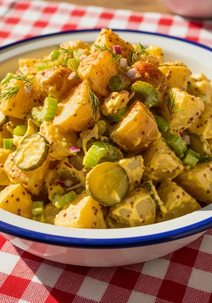 Creamy homemade potato salad with mustard dressing, celery, and paprika in a vintage ceramic bowl