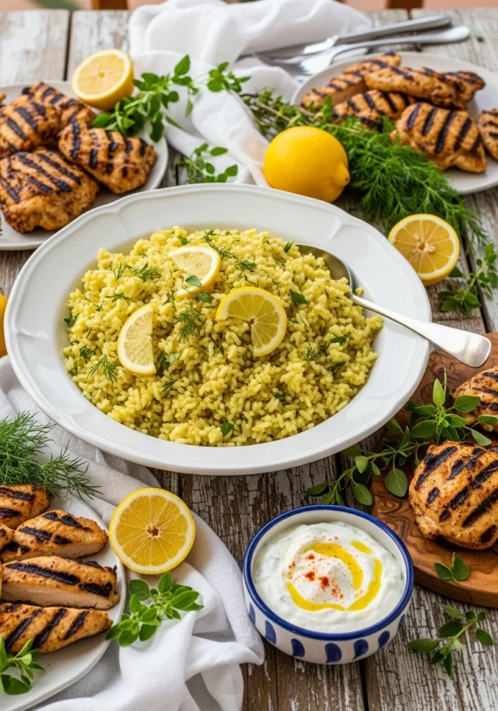 Greek lemon rice served on a dining table alongside grilled chicken and a Greek salad