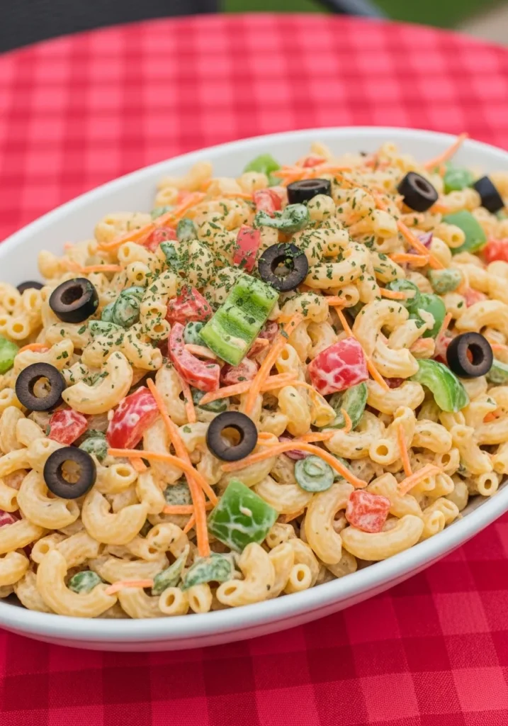 A large bowl of creamy macaroni salad with bell peppers and carrots, a cold cookout side dish