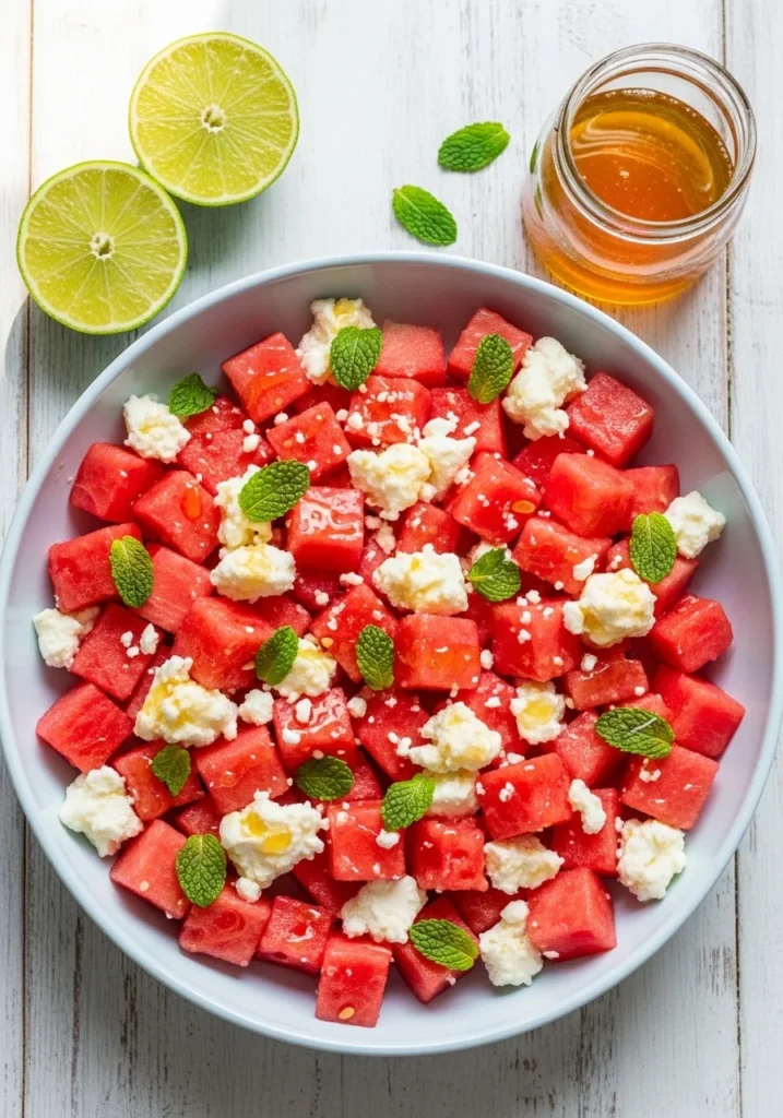 Watermelon feta salad with mint leaves and lime in a wide dish, a healthy and refreshing cookout side