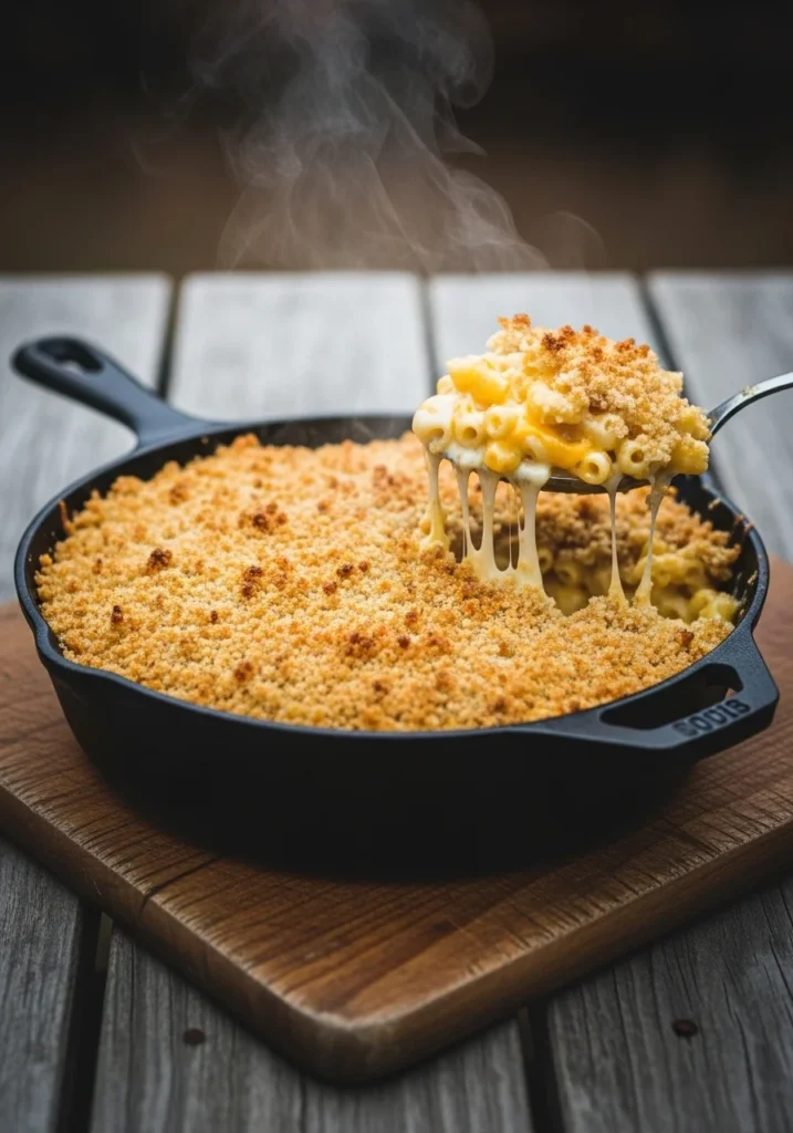 Golden cast-iron skillet of baked mac and cheese with crispy crust and stretchy cheddar, a cookout side dish