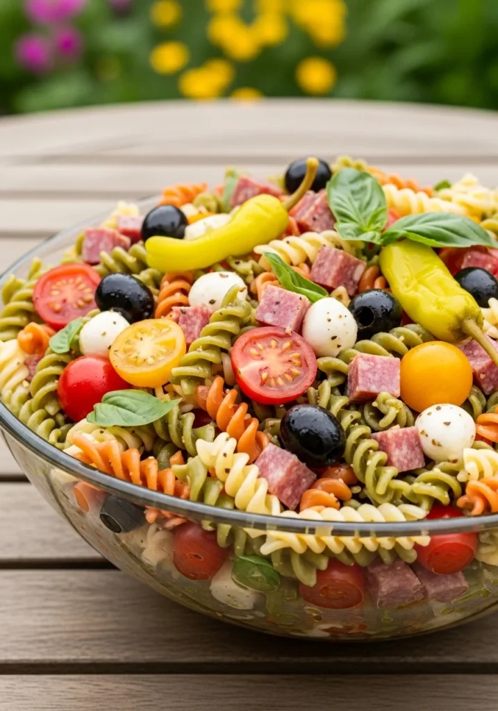 Colorful Italian pasta salad with rotini, cherry tomatoes, olives, and mozzarella in a glass bowl
