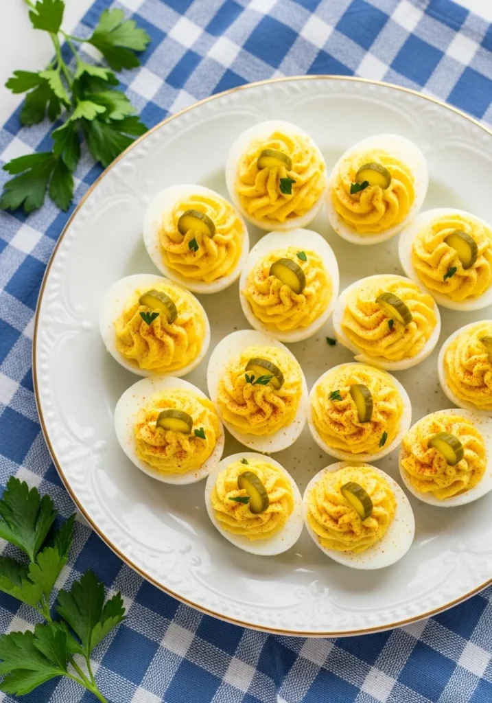 A platter of piped deviled eggs dusted with smoked paprika, a classic cookout side dish