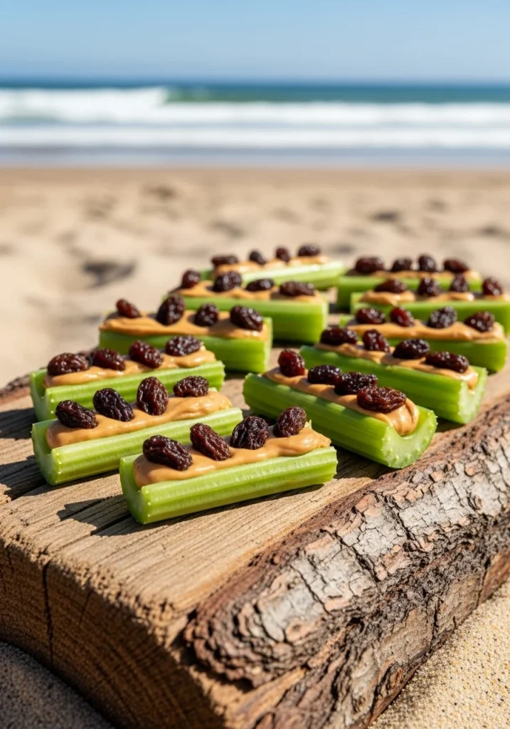 celery peanut butter raisins snack beach