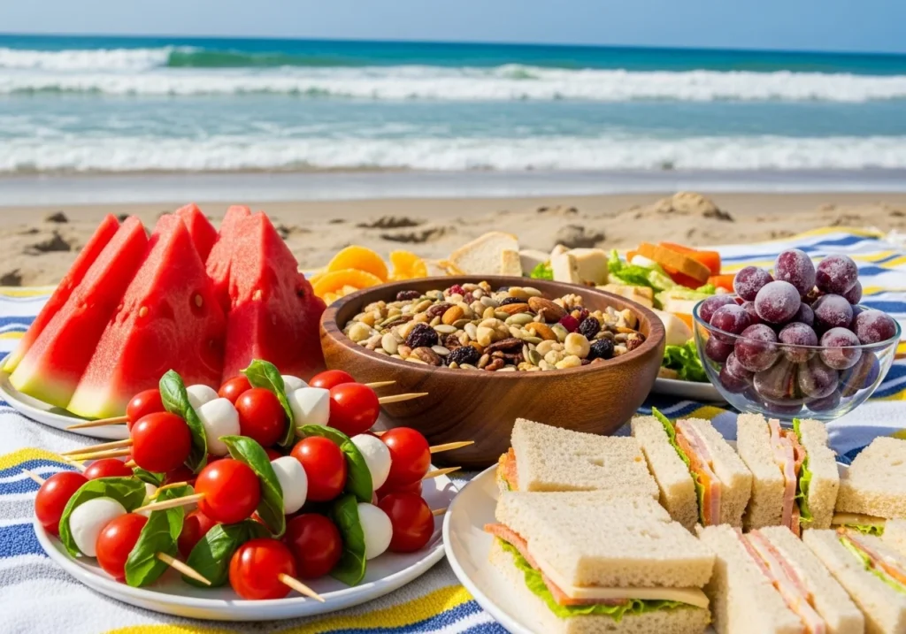 assortment of beach snacks on a towel by the ocean including fruit, sandwiches and snacks