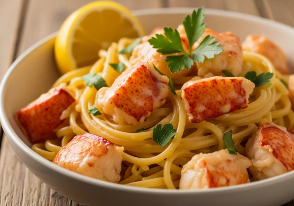 Creamy lobster pasta recipe in a white bowl with linguine, lobster tail, and fresh parsley