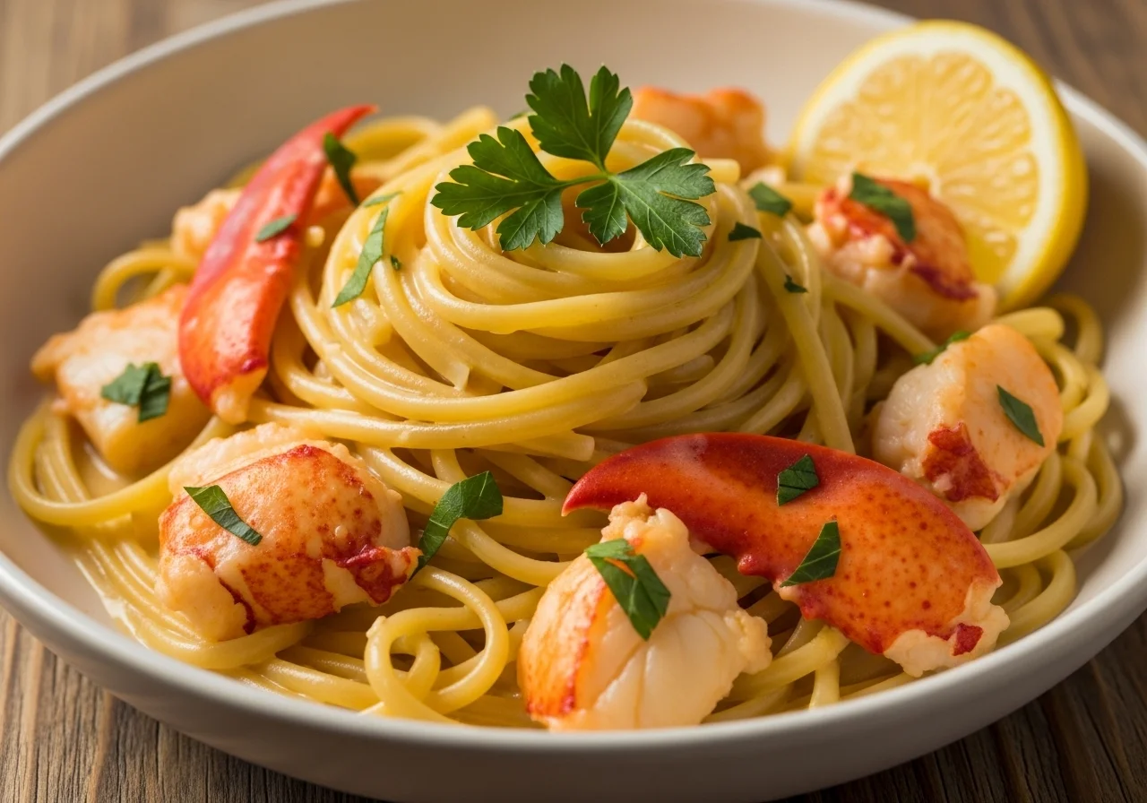 Creamy lobster pasta recipe served in a white bowl with linguine and fresh parsley
