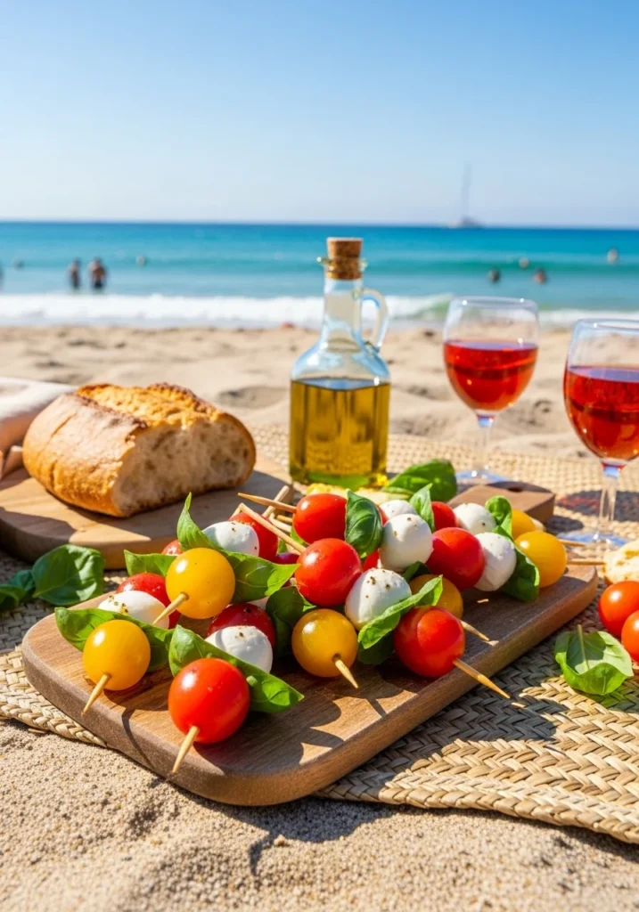 caprese skewers beach snack with tomatoes mozzarella basil