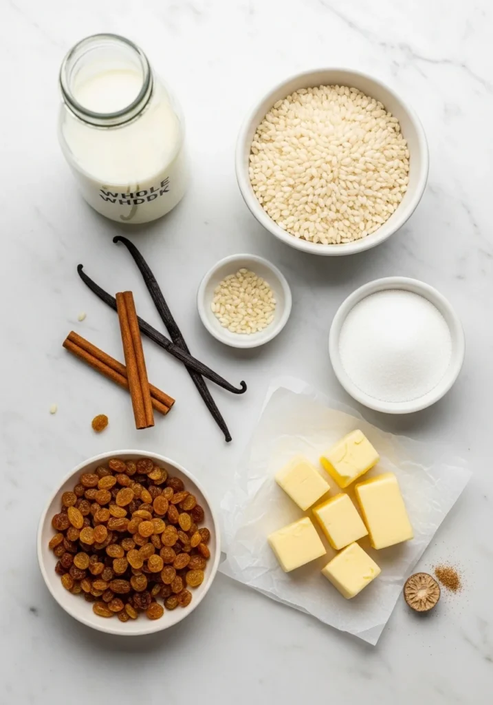 Baked rice pudding recipe ingredients: Arborio rice, whole milk, vanilla, cinnamon, sugar and butter on marble surface