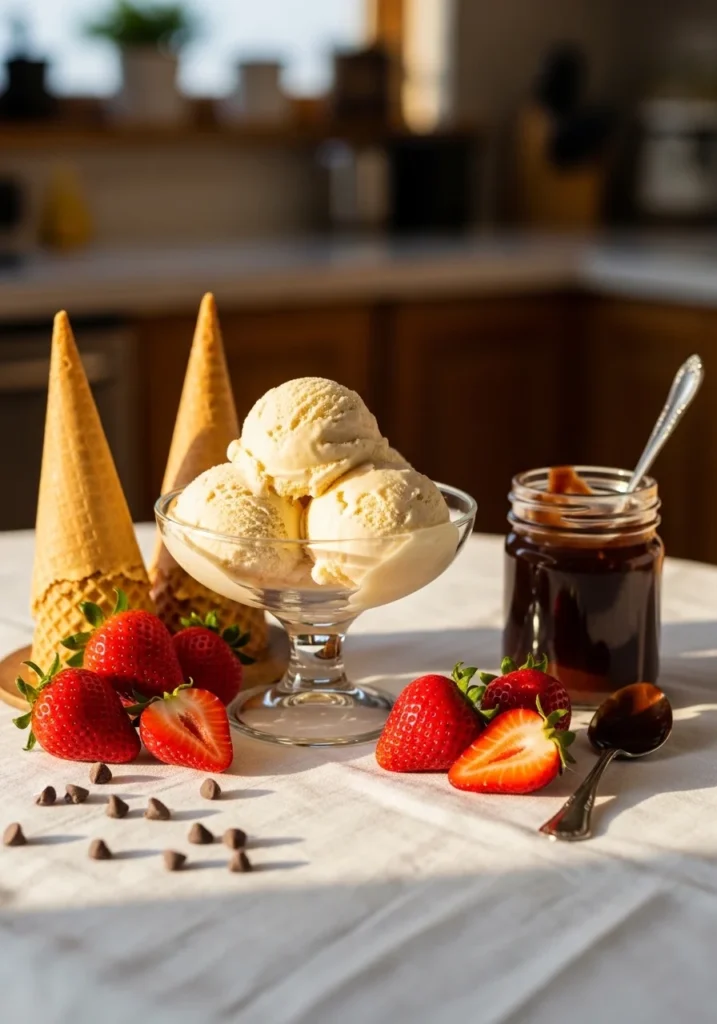 Homemade Cuisinart ice cream recipe served in a vintage sundae glass on a styled table