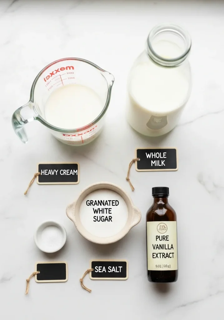 Ingredients for homemade Cuisinart ice cream recipe — cream, milk, sugar, vanilla extract