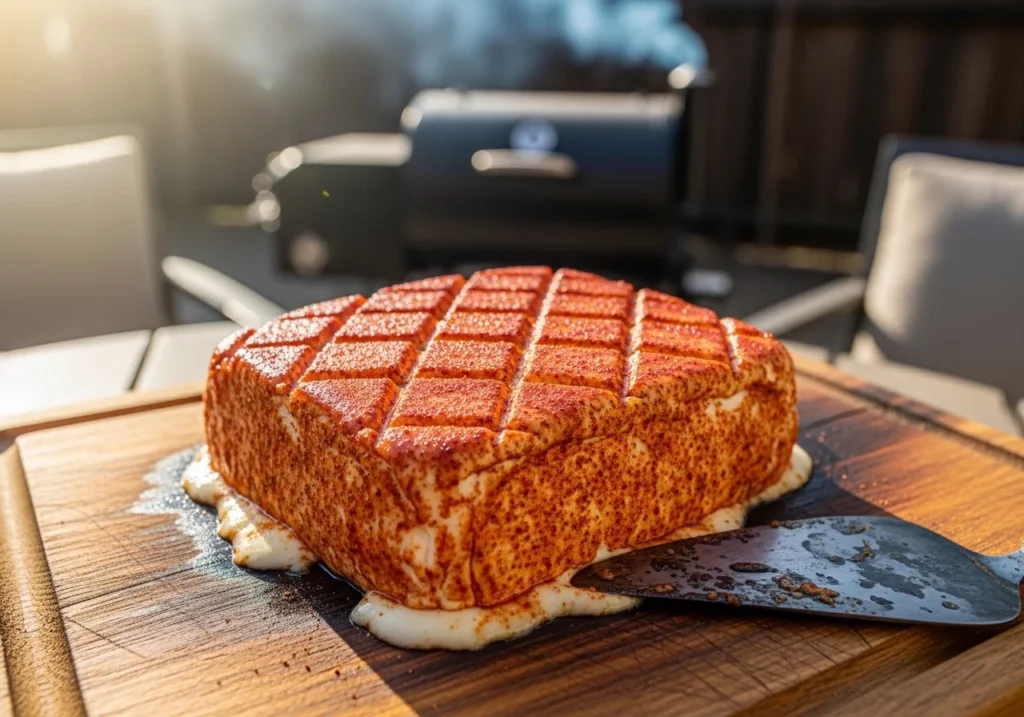 Smoked cream cheese appetizer with BBQ rub on a wooden board.