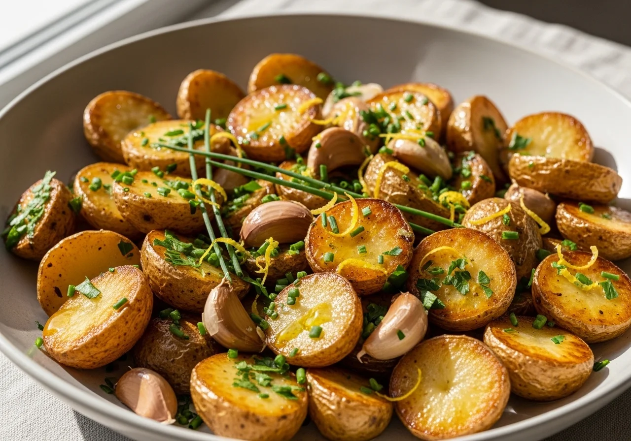 Garlicky roasted potato salad in a wide serving bowl with crispy golden potatoes, fresh herbs and roasted garlic