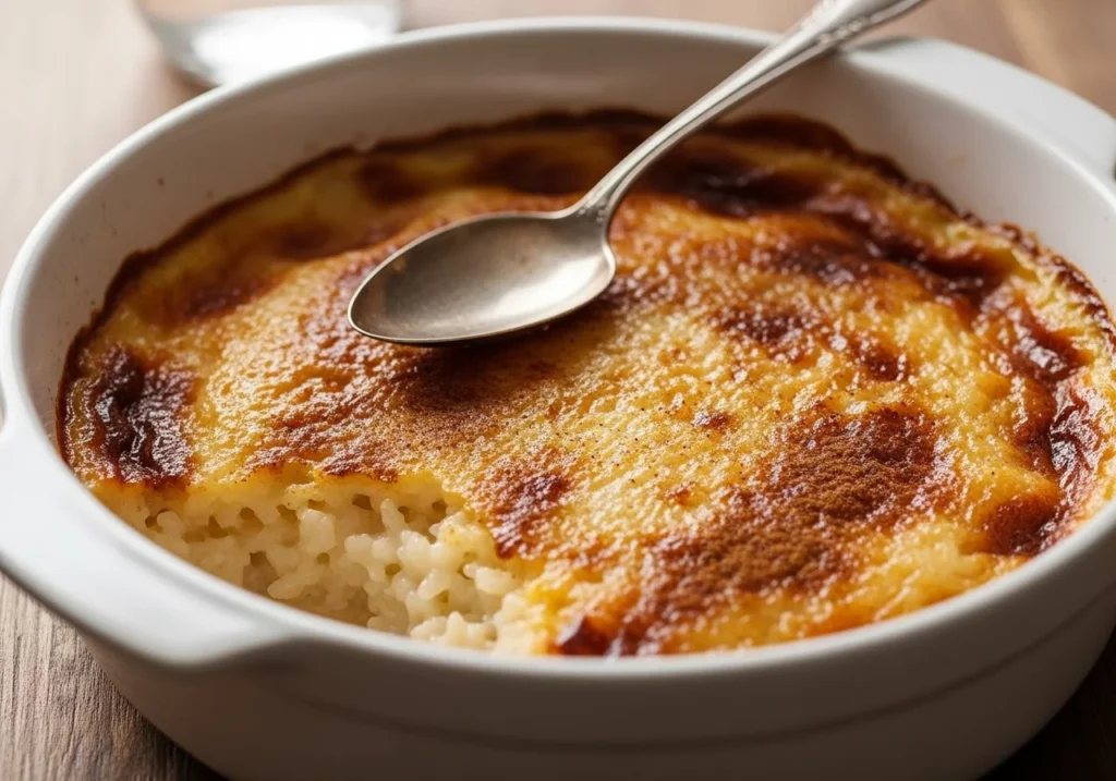 Baked rice pudding recipe in a white ceramic dish with golden cinnamon-dusted skin on top