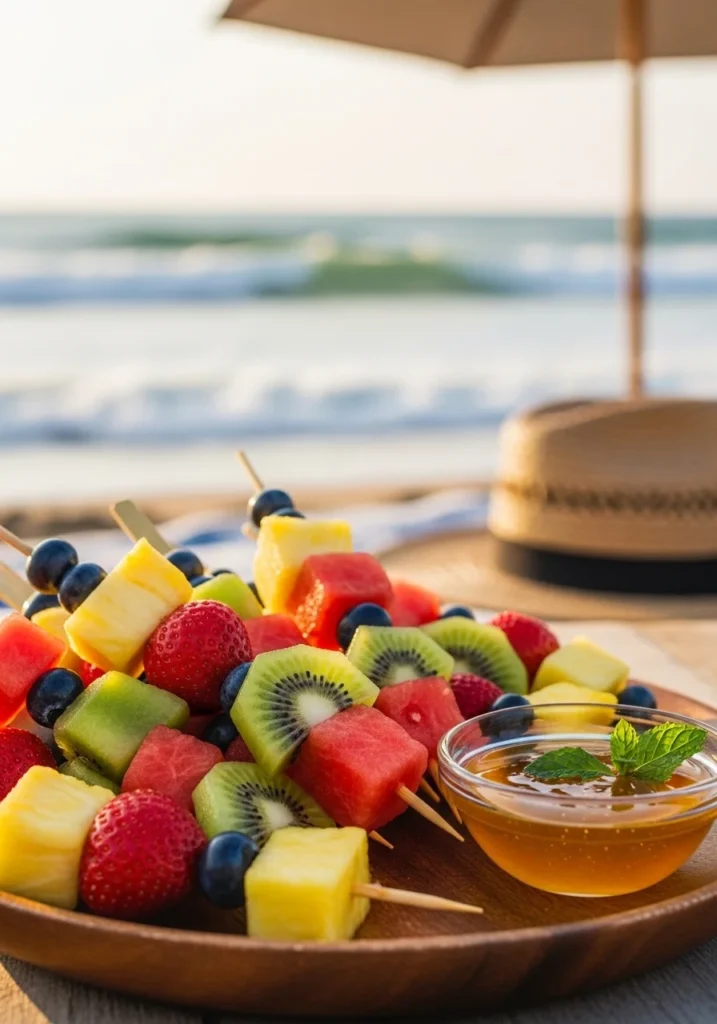 fruit skewers with honey dip beach snack