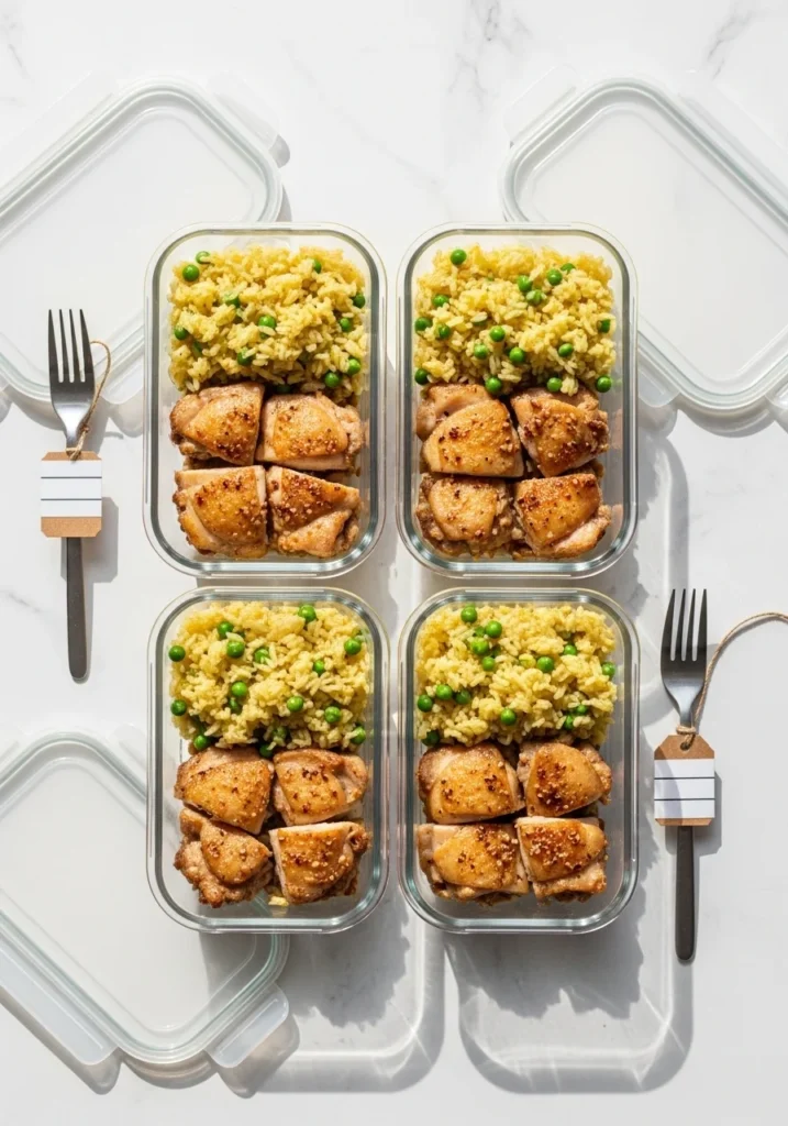 Glass meal prep containers filled with portioned garlic chicken and yellow rice for weekly meal planning