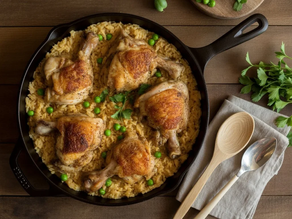 One-pan garlic chicken and yellow rice in a cast iron skillet garnished with peas, parsley, and lemon