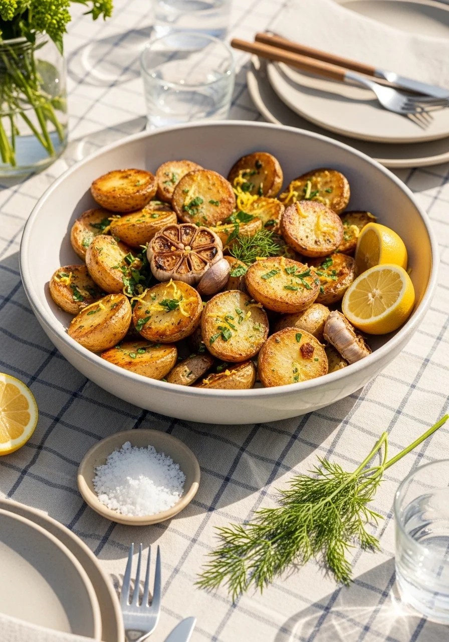 Garlicky roasted potato salad served on a summer table with herbs, lemon wedges and flaky salt as garnish