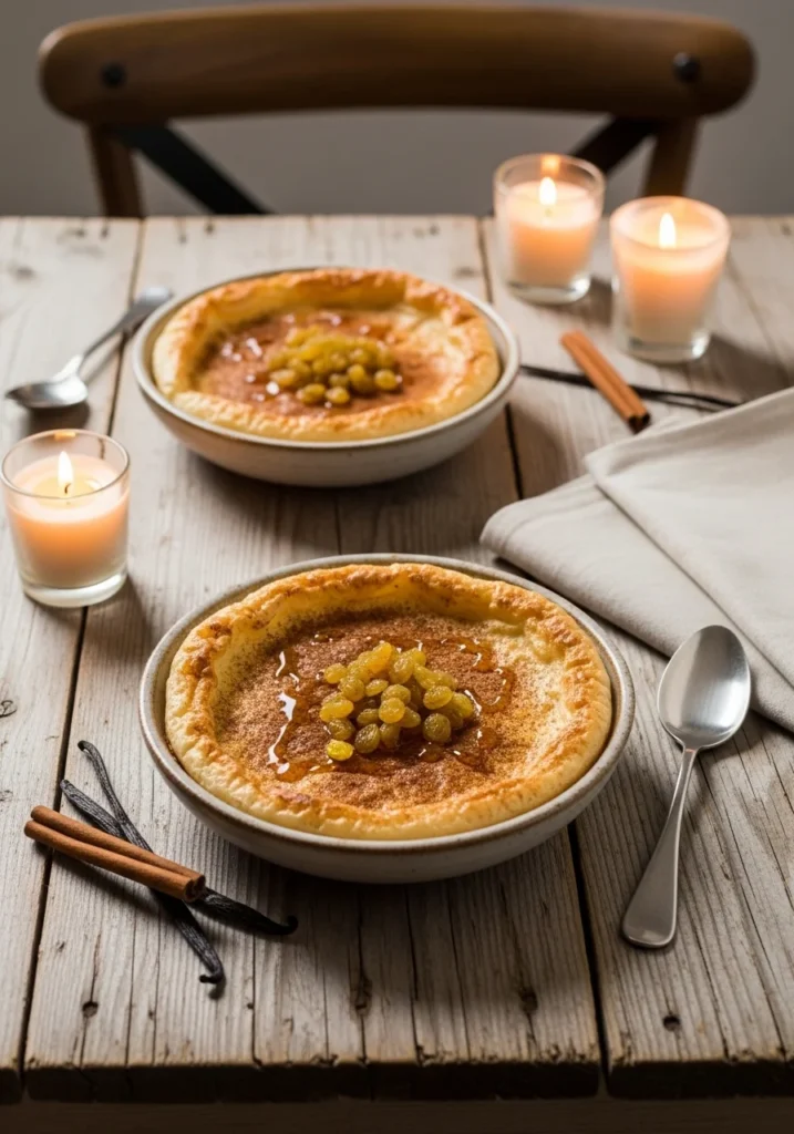 Creamy baked rice pudding served in bowls on a rustic table with cinnamon, honey and raisins as toppings