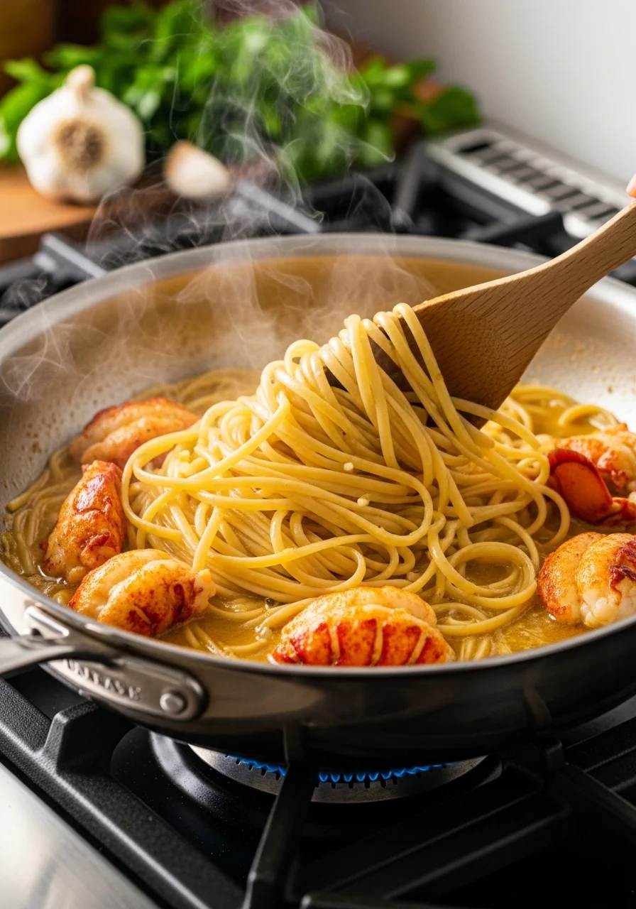 Creamy lobster pasta being tossed in garlic butter cream sauce in a skillet on the stovetop