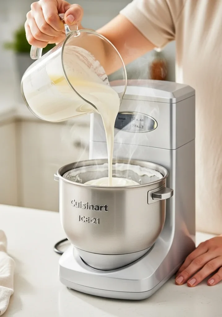 Pouring homemade ice cream base into Cuisinart ice cream maker to churn