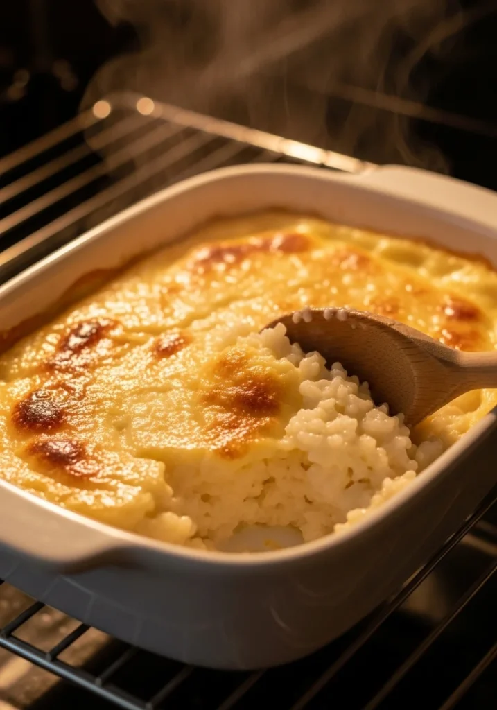 Baked rice pudding halfway through baking showing golden skin being stirred back in with a wooden spoon