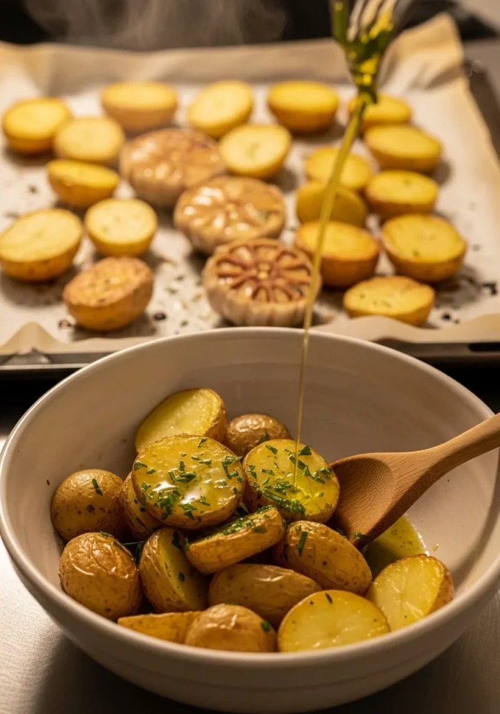 Golden roasted potato halves on a baking sheet being tossed with garlic herb dressing in a large bowl