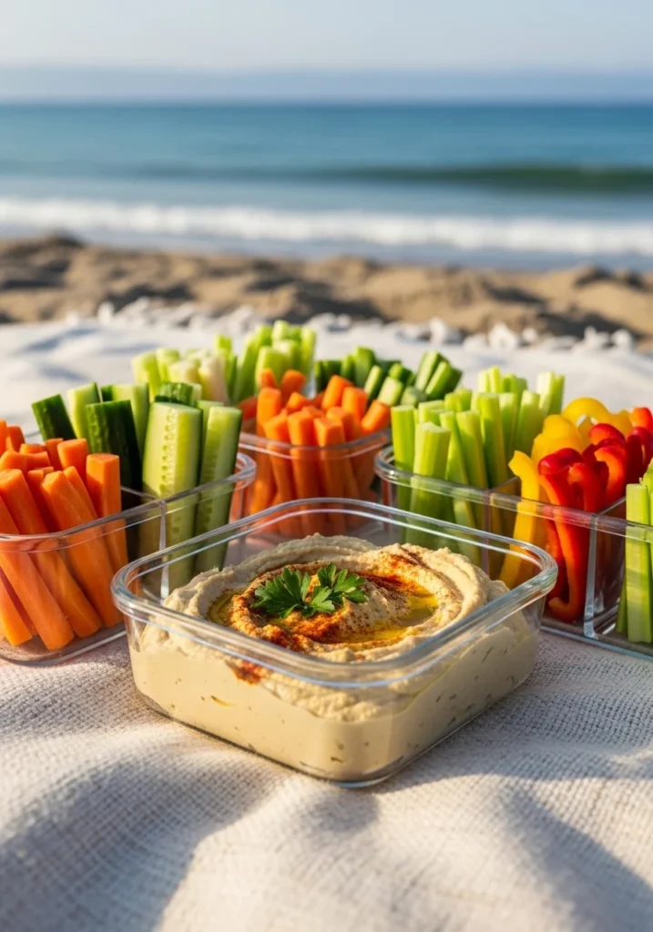 hummus with carrot cucumber veggie sticks beach snack