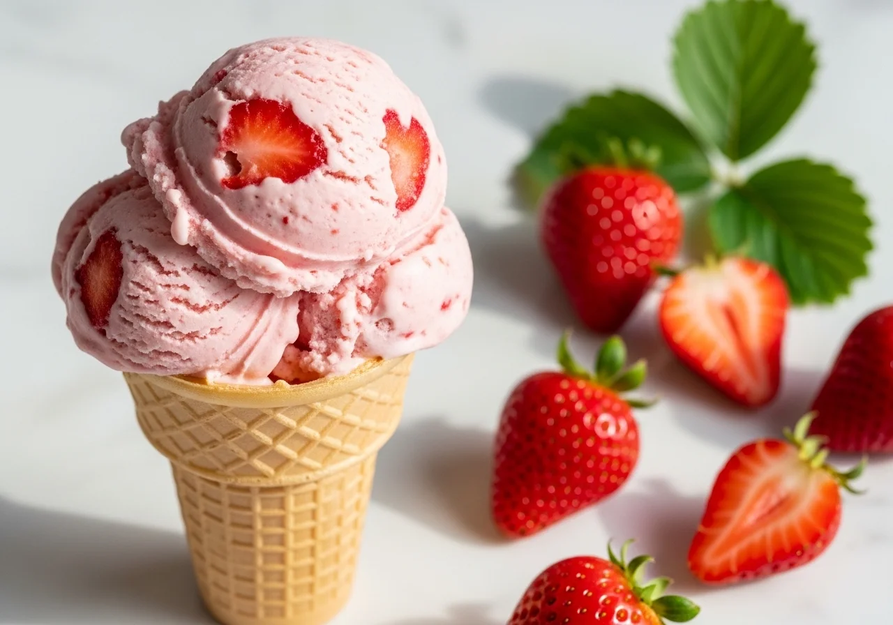Best strawberry ice cream recipe in a waffle cone with fresh strawberries