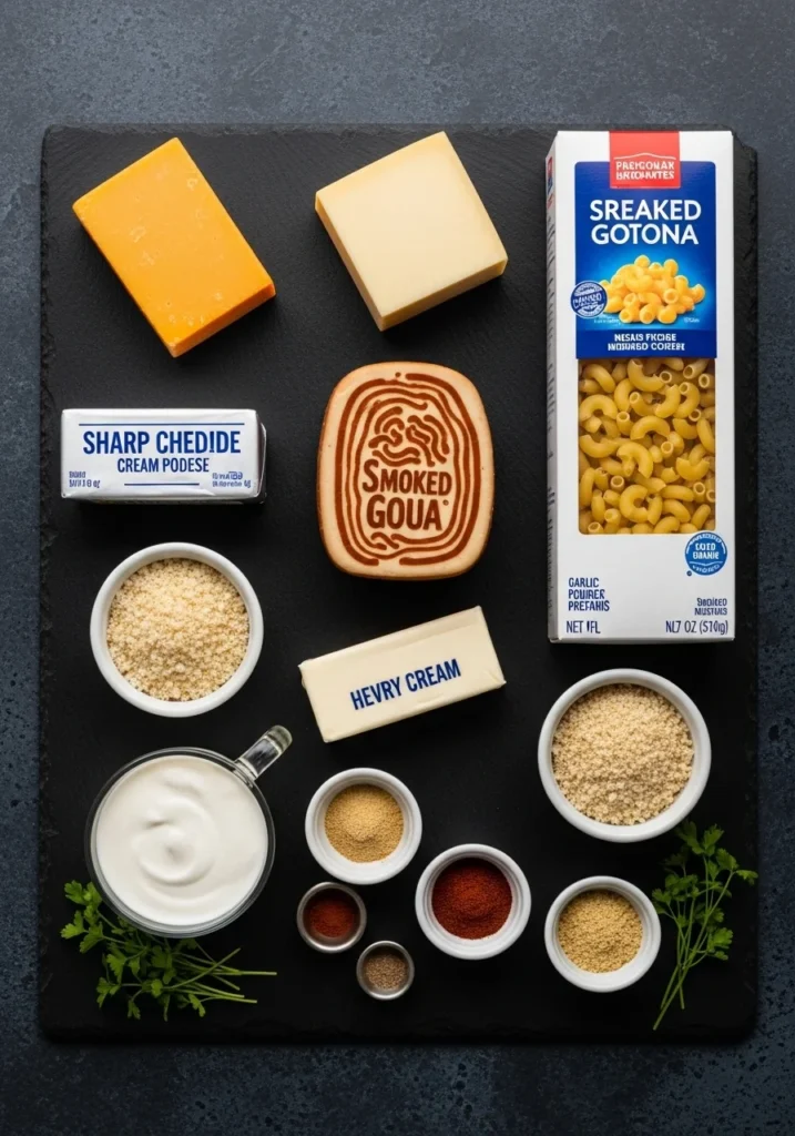 ingredients for smoked mac and cheese recipe with gouda and cheddar