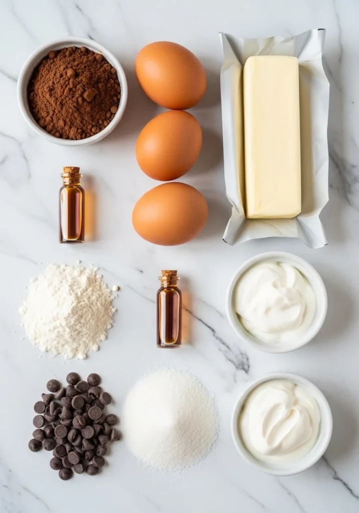 Chocolate pound cake recipe ingredients including cocoa powder, butter, eggs, sour cream, and dark chocolate