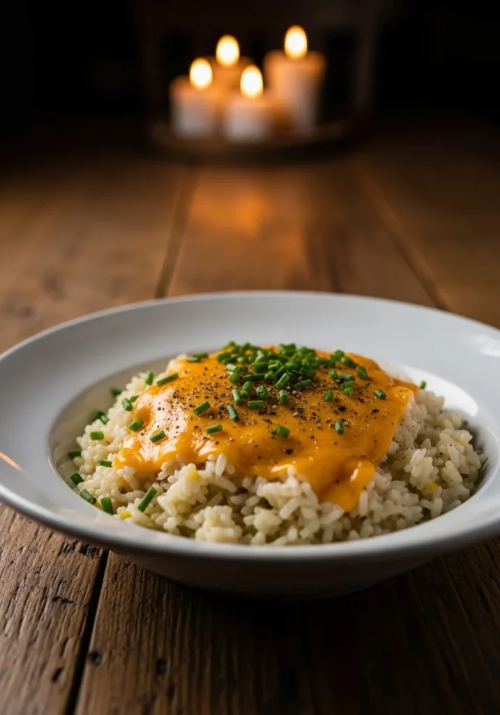 Creamy cheesy rice recipe made on the stovetop with sharp cheddar