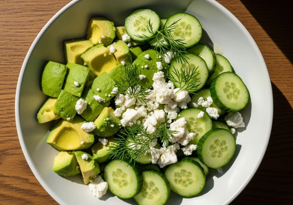 The Green Goddess of Your Dreams: Why This Cucumber Avocado Salad Wins Summer 2 A close-up shot of a healthy cucumber avocado salad.