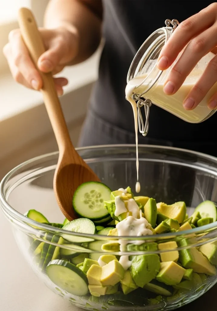 The Green Goddess of Your Dreams: Why This Cucumber Avocado Salad Wins Summer 4 Preparing a creamy cucumber avocado salad.