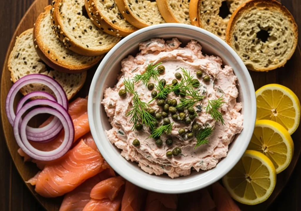 smoked salmon cream cheese spread on a brunch board with bagels and capers