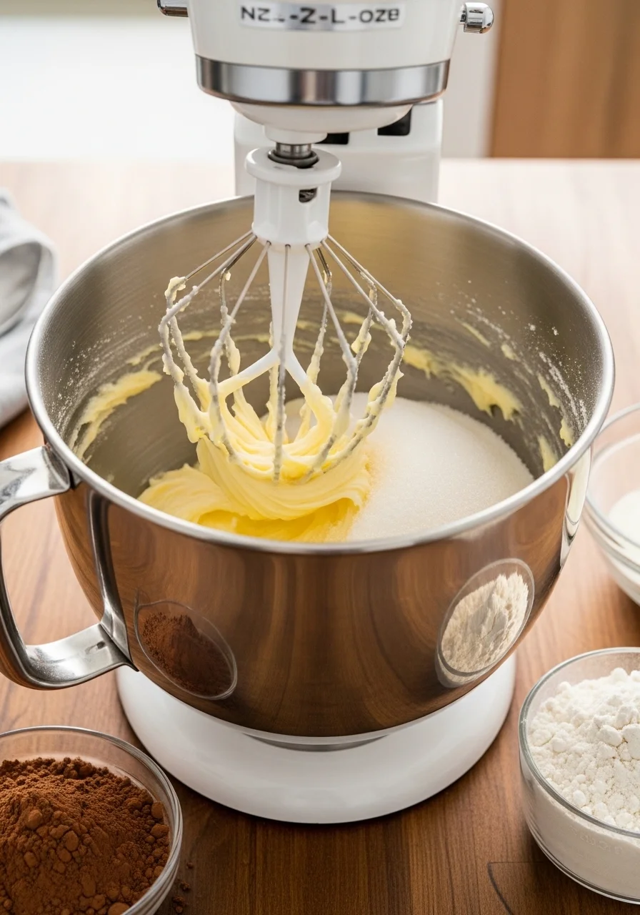 Creaming butter and sugar in a stand mixer for chocolate pound cake batter