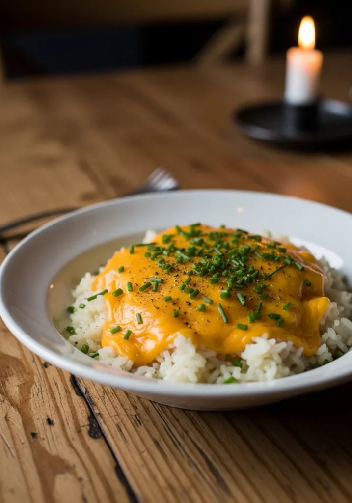 Easy cheesy rice recipe in a bowl with melted cheddar and chives
