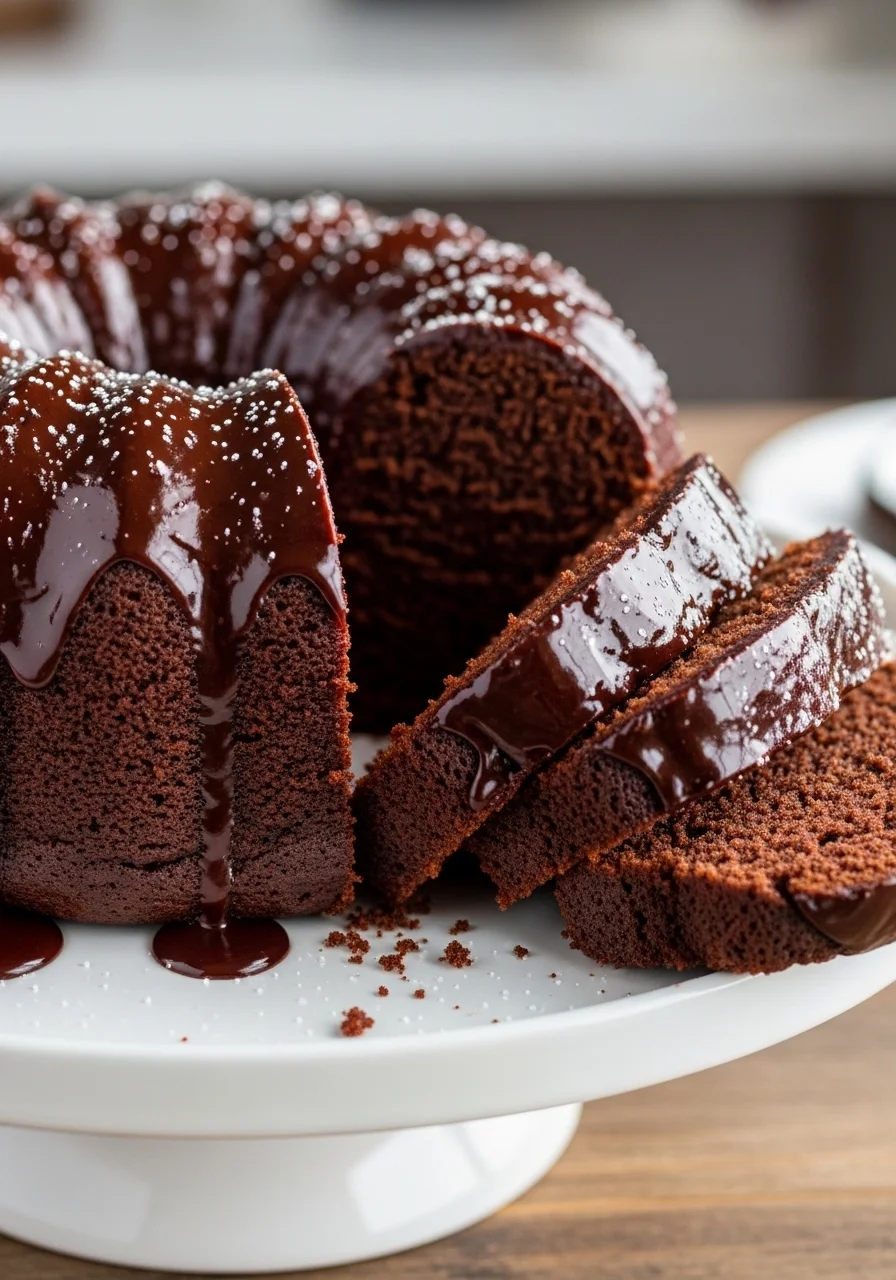 Finished chocolate pound cake on a white cake stand with chocolate glaze dripping down the sides
