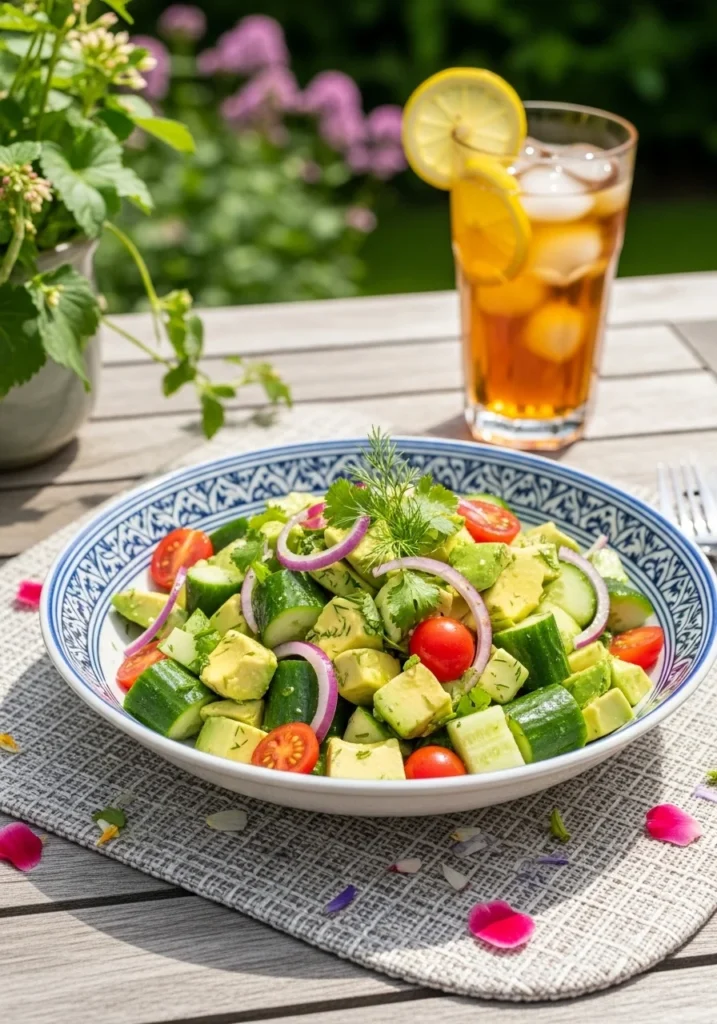 The Green Goddess of Your Dreams: Why This Cucumber Avocado Salad Wins Summer 5 Fresh cucumber avocado side salad served outdoors.