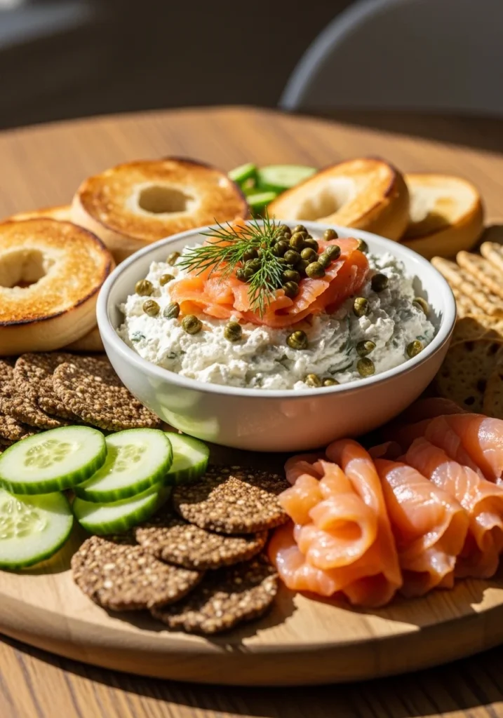smoked salmon cream cheese spread served on a wooden board with crackers and dill