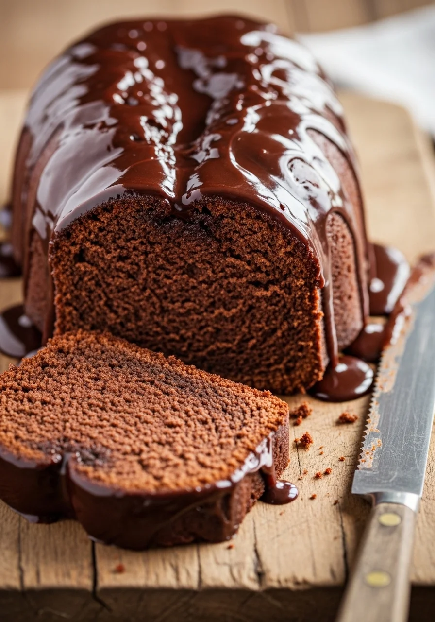 Finished chocolate pound cake on a white cake stand