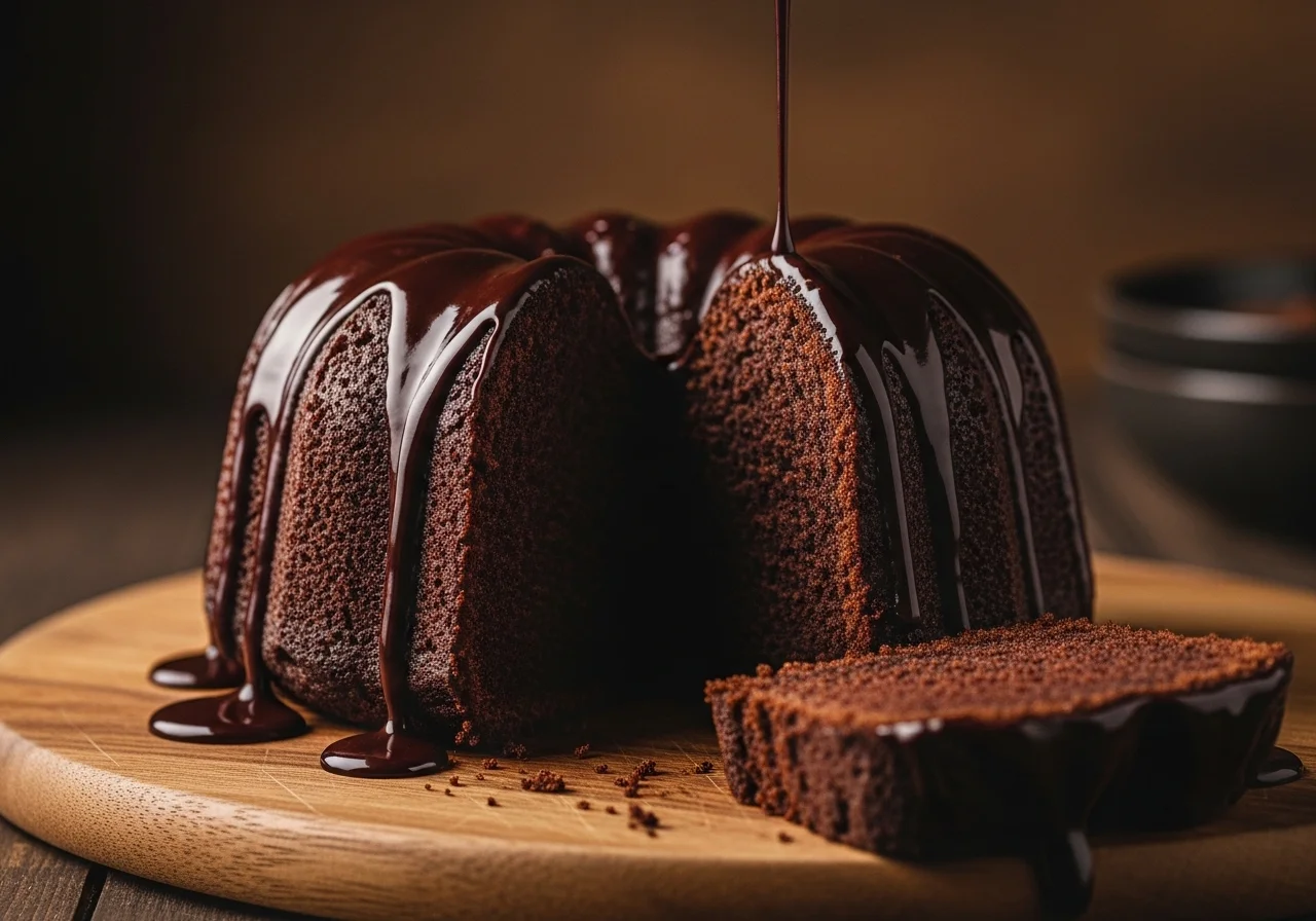 Sliced chocolate pound cake with chocolate ganache glaze on a wooden cutting board