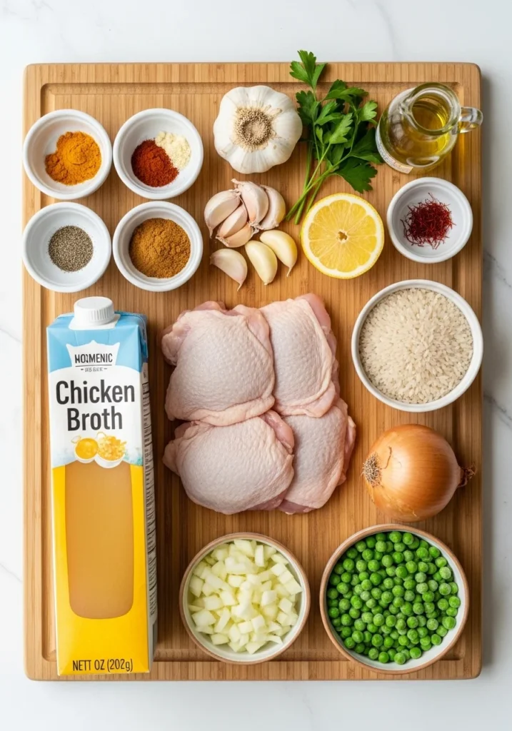 Fresh ingredients for garlic chicken and yellow rice including turmeric, smoked paprika, garlic cloves, and long-grain rice