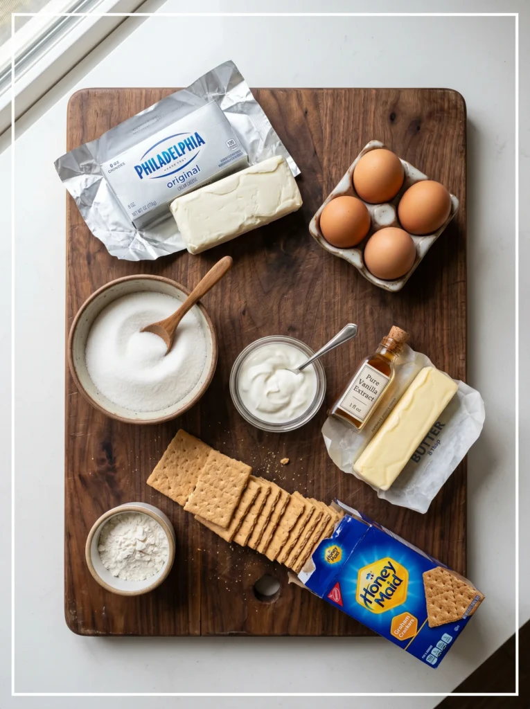 Philadelphia cream cheese cheesecake ingredients laid out on wooden board